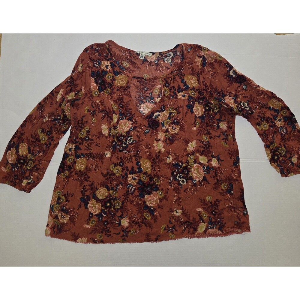 American Eagle Outfitters Rust Multicolor Floral Keyhole Blouse Button Accent XS - Picture 1 of 9